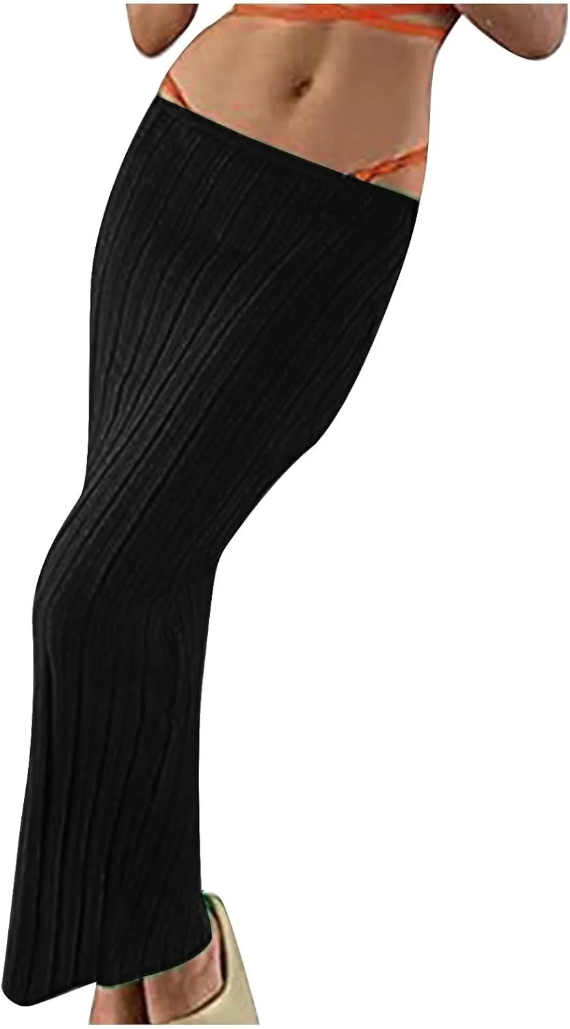 FZYLQY Women Solid Knitted Long Maxi Skirt Slim Stretch Midi Skirt Strapless Bodycon Beach Cover Up Sundress Party Dress