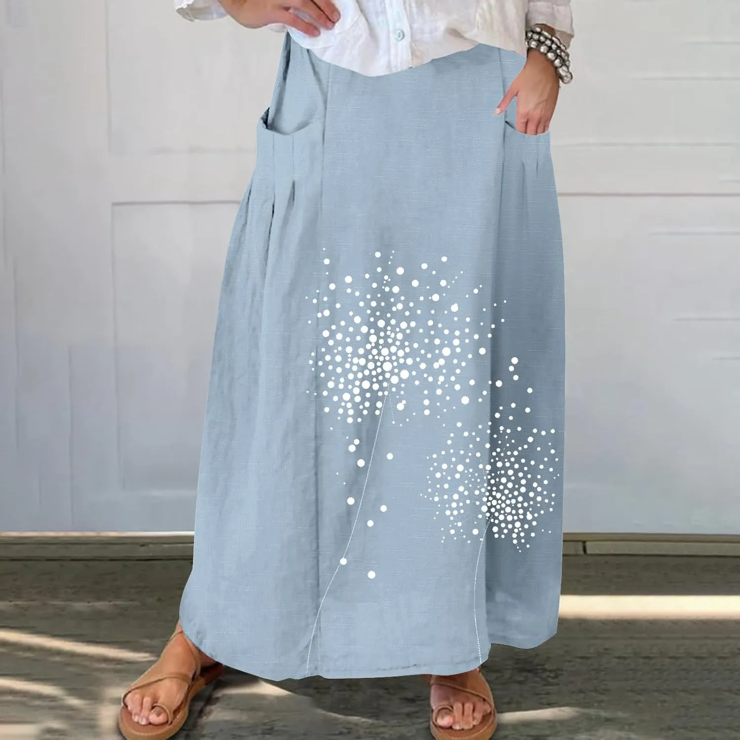 FZYLQY Women's Elastic High Waist Long Skirts Plus Size Casual Loose Skirts with Pockets Pleated A-Line Swing Skirt Dress