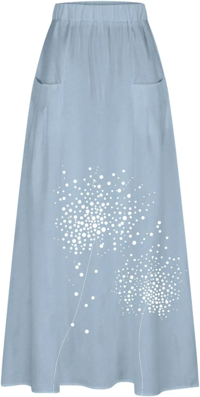 FZYLQY Women's Elastic High Waist Long Skirts Plus Size Casual Loose Skirts with Pockets Pleated A-Line Swing Skirt Dress