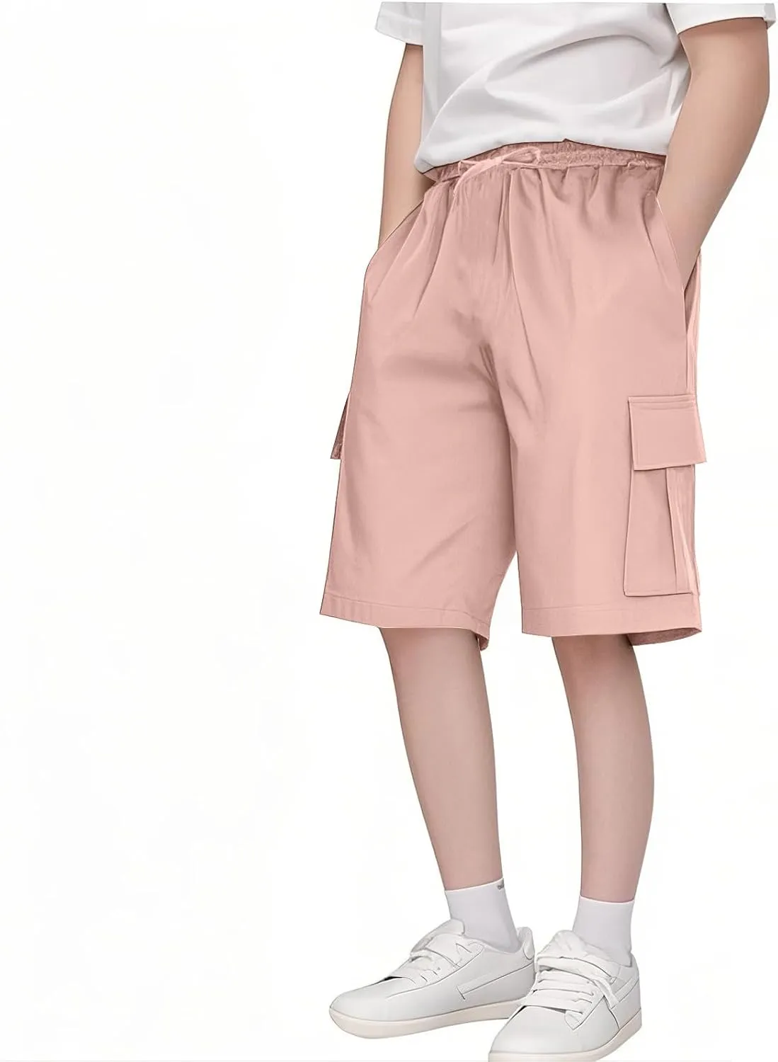 Girls Cargo Shorts Loose Casual Solid Drawstring Long Bermuda Shorts Knee Length Wide Leg Short Pants with Pockets