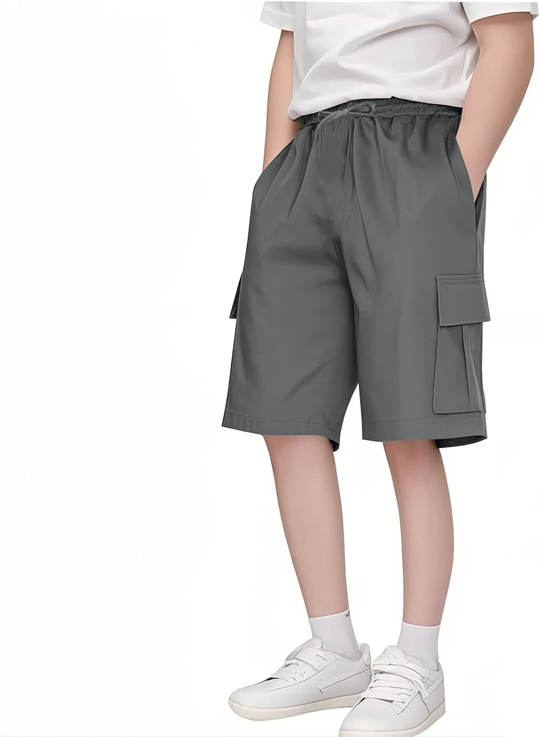 Girls Cargo Shorts Loose Casual Solid Drawstring Long Bermuda Shorts Knee Length Wide Leg Short Pants with Pockets