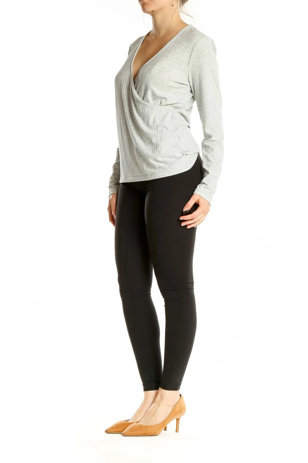Gray Ribbed Wrap Top