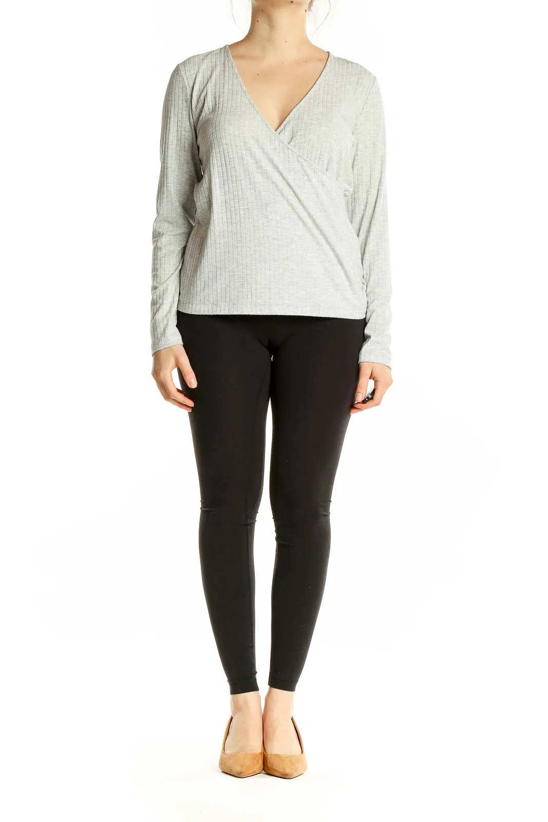 Gray Ribbed Wrap Top