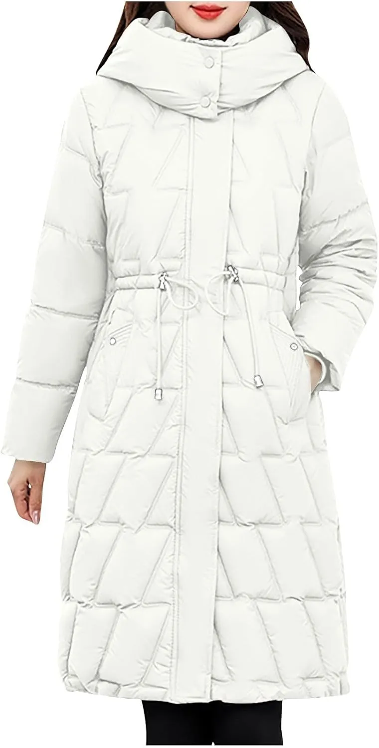 HGps8w Women's Drawstring Waist Winter Down Coat - Thickened Quilted Long Hooded Warm Puffer Jacket Insulated Outerwear