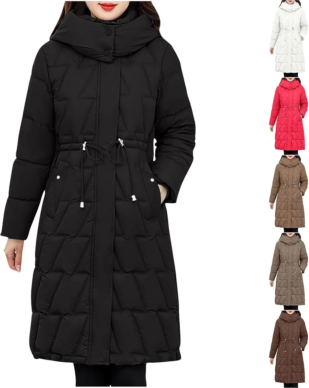 HGps8w Women's Drawstring Waist Winter Down Coat - Thickened Quilted Long Hooded Warm Puffer Jacket Insulated Outerwear