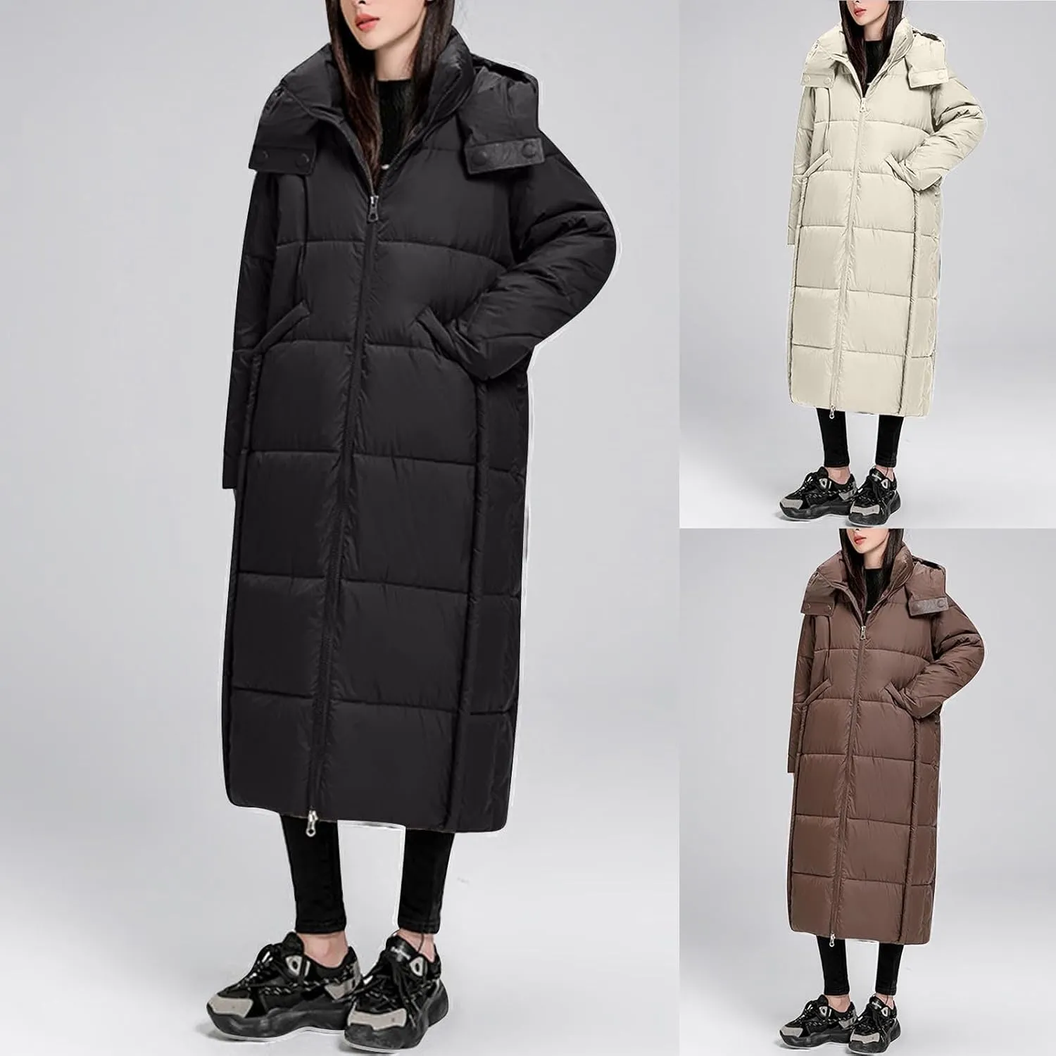 HGps8w Women's Long Hooded Puffer Jacket, Winter Casual Warm Padded Down Coats Thickened Insulated Outerwear with Pockets