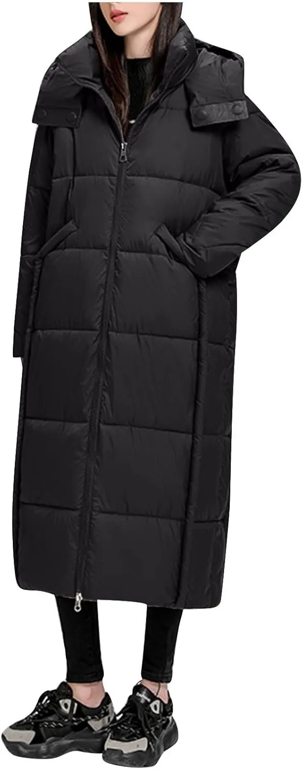 HGps8w Women's Long Hooded Puffer Jacket, Winter Casual Warm Padded Down Coats Thickened Insulated Outerwear with Pockets