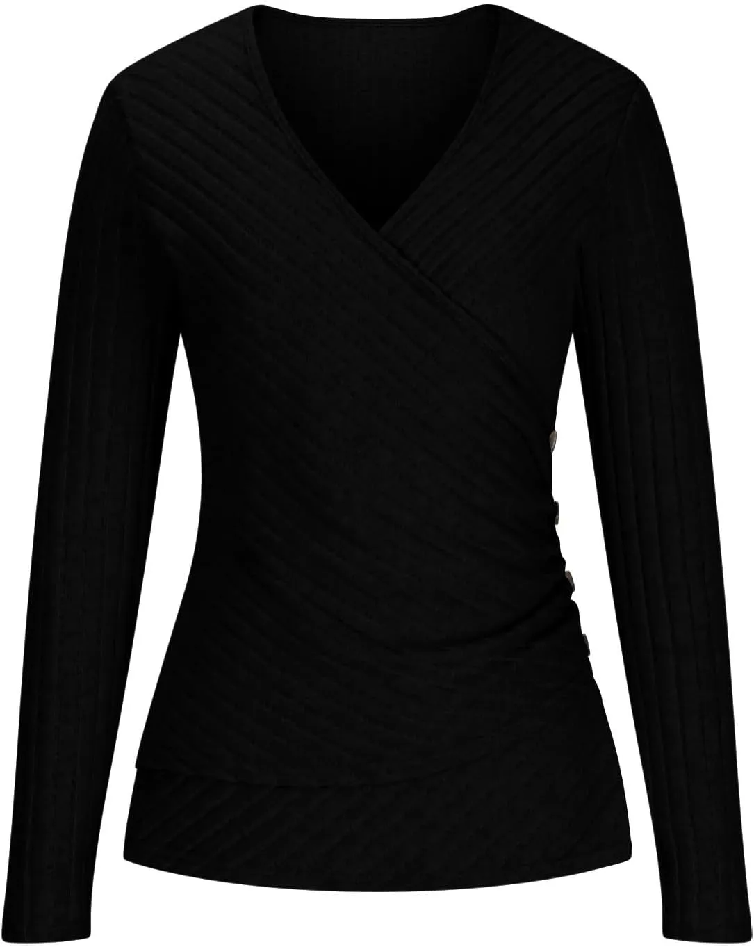 HGps8w Women's Long Sleeve Ribbed T-Shirt, Sexy Slim Fitted V Neck Wrap Ruched Blouses Pullover Business Casual Tunic Tops