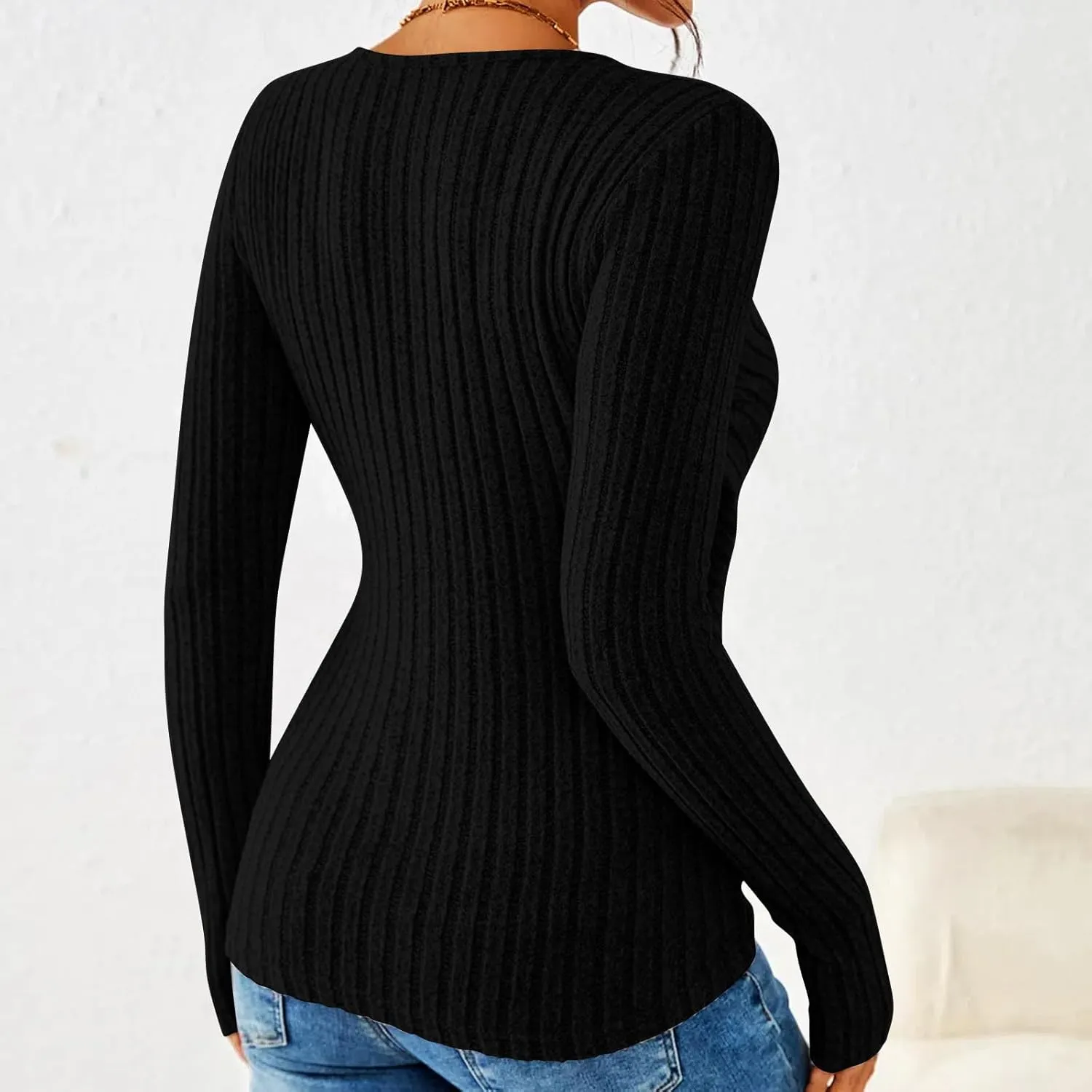HGps8w Women's Long Sleeve Ribbed T-Shirt, Sexy Slim Fitted V Neck Wrap Ruched Blouses Pullover Business Casual Tunic Tops