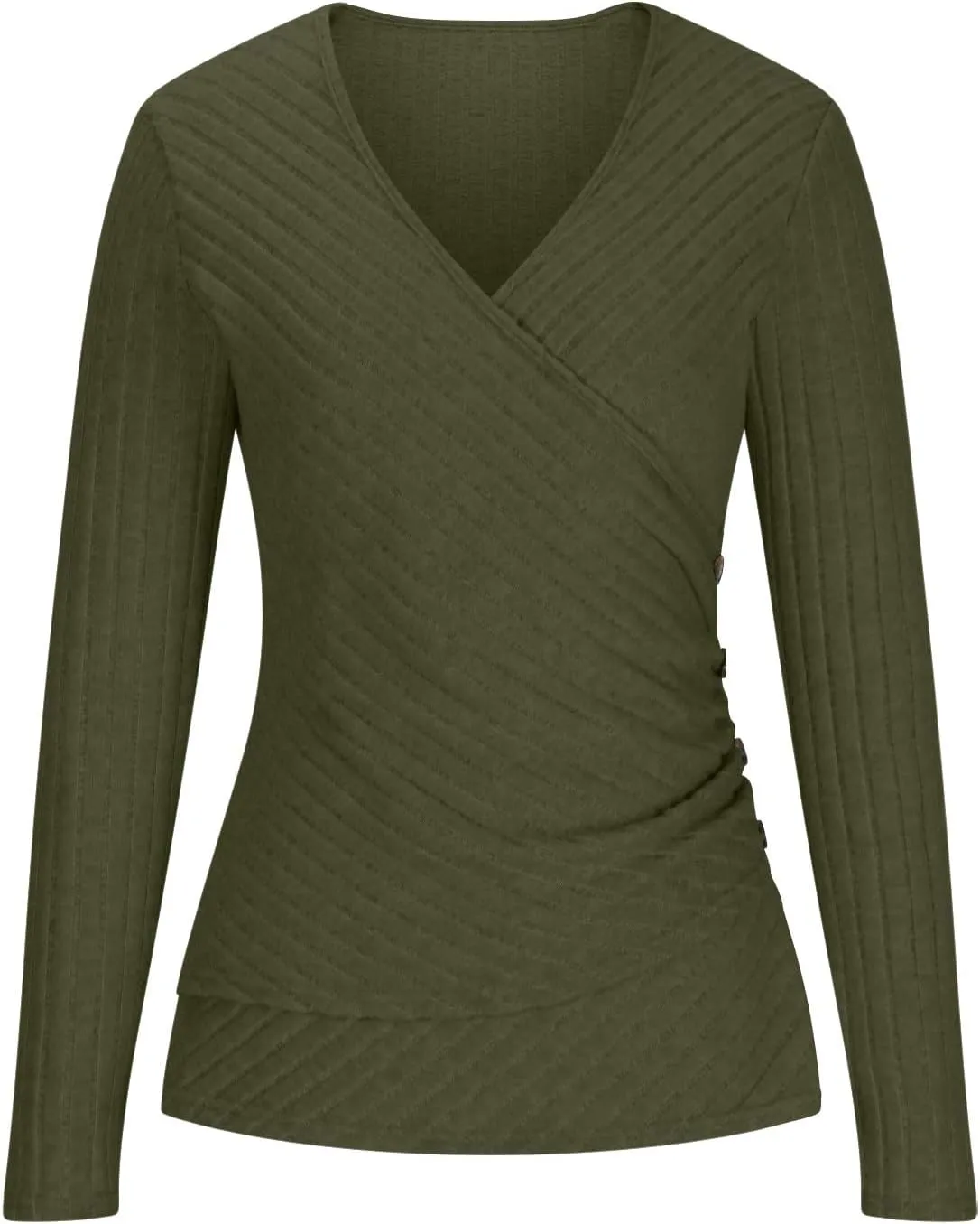HGps8w Women's Long Sleeve Ribbed T-Shirt, Sexy Slim Fitted V Neck Wrap Ruched Blouses Pullover Business Casual Tunic Tops