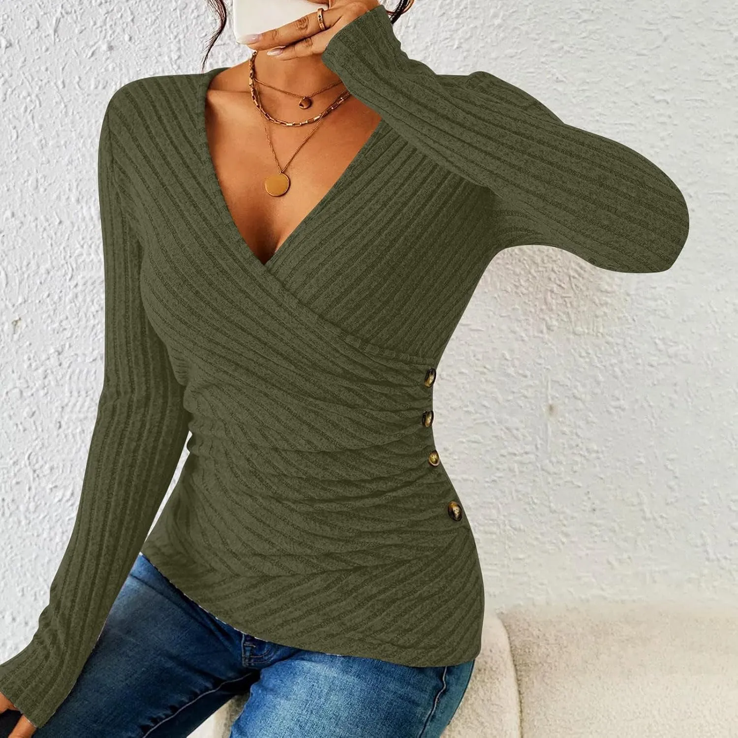 HGps8w Women's Long Sleeve Ribbed T-Shirt, Sexy Slim Fitted V Neck Wrap Ruched Blouses Pullover Business Casual Tunic Tops