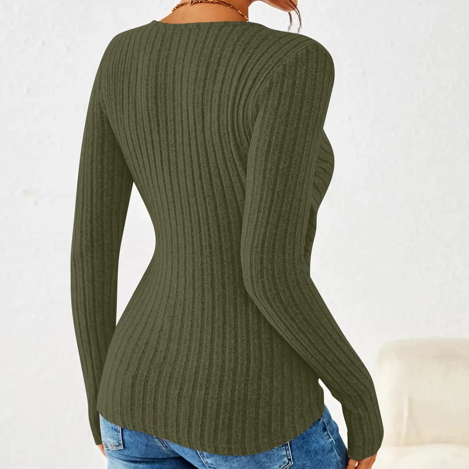 HGps8w Women's Long Sleeve Ribbed T-Shirt, Sexy Slim Fitted V Neck Wrap Ruched Blouses Pullover Business Casual Tunic Tops