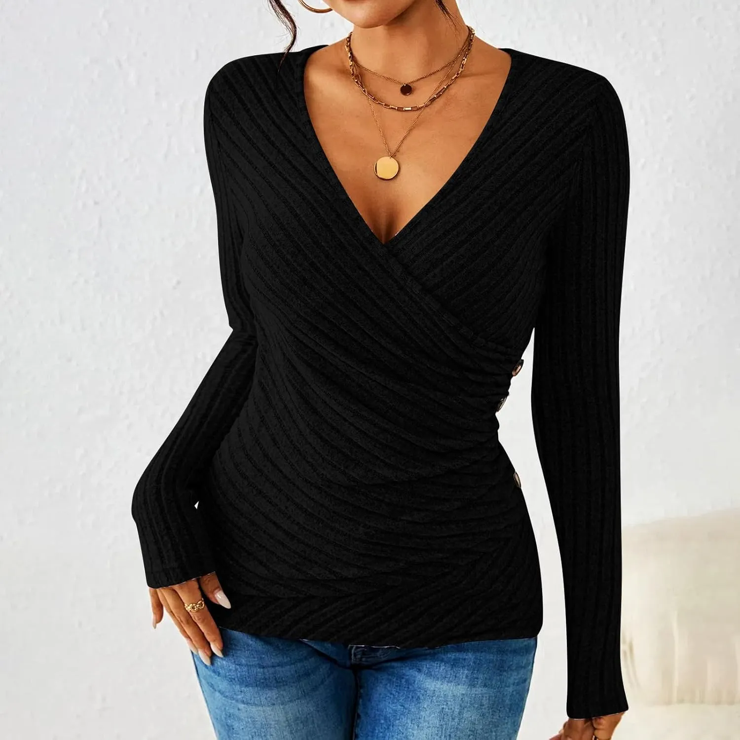 HGps8w Women's Long Sleeve Ribbed T-Shirt, Sexy Slim Fitted V Neck Wrap Ruched Blouses Pullover Business Casual Tunic Tops