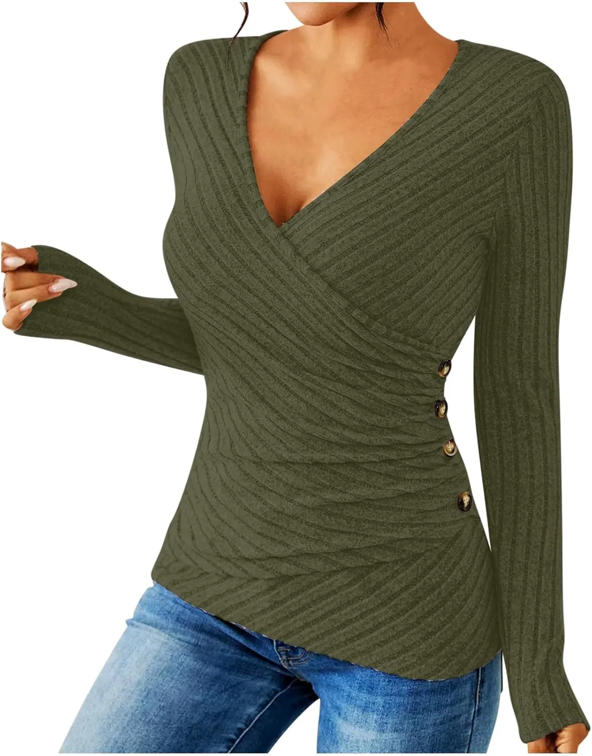 HGps8w Women's Long Sleeve Ribbed T-Shirt, Sexy Slim Fitted V Neck Wrap Ruched Blouses Pullover Business Casual Tunic Tops