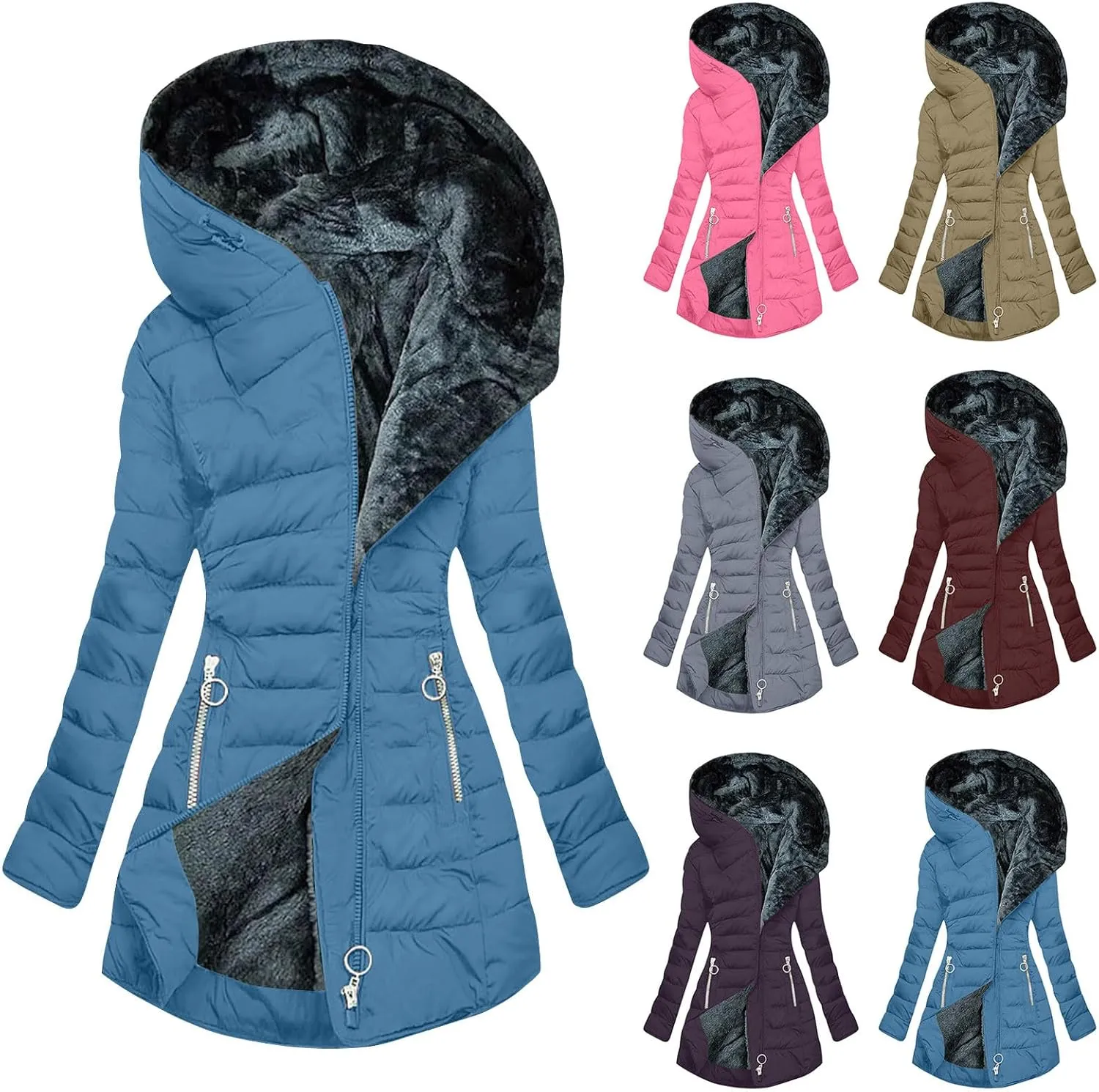 HGps8w Women's Sherpa Lined Hooded Puffer Jacket Casual Quilted Warm Winter Padded Down Coat Insulated Outerwear with Pockets