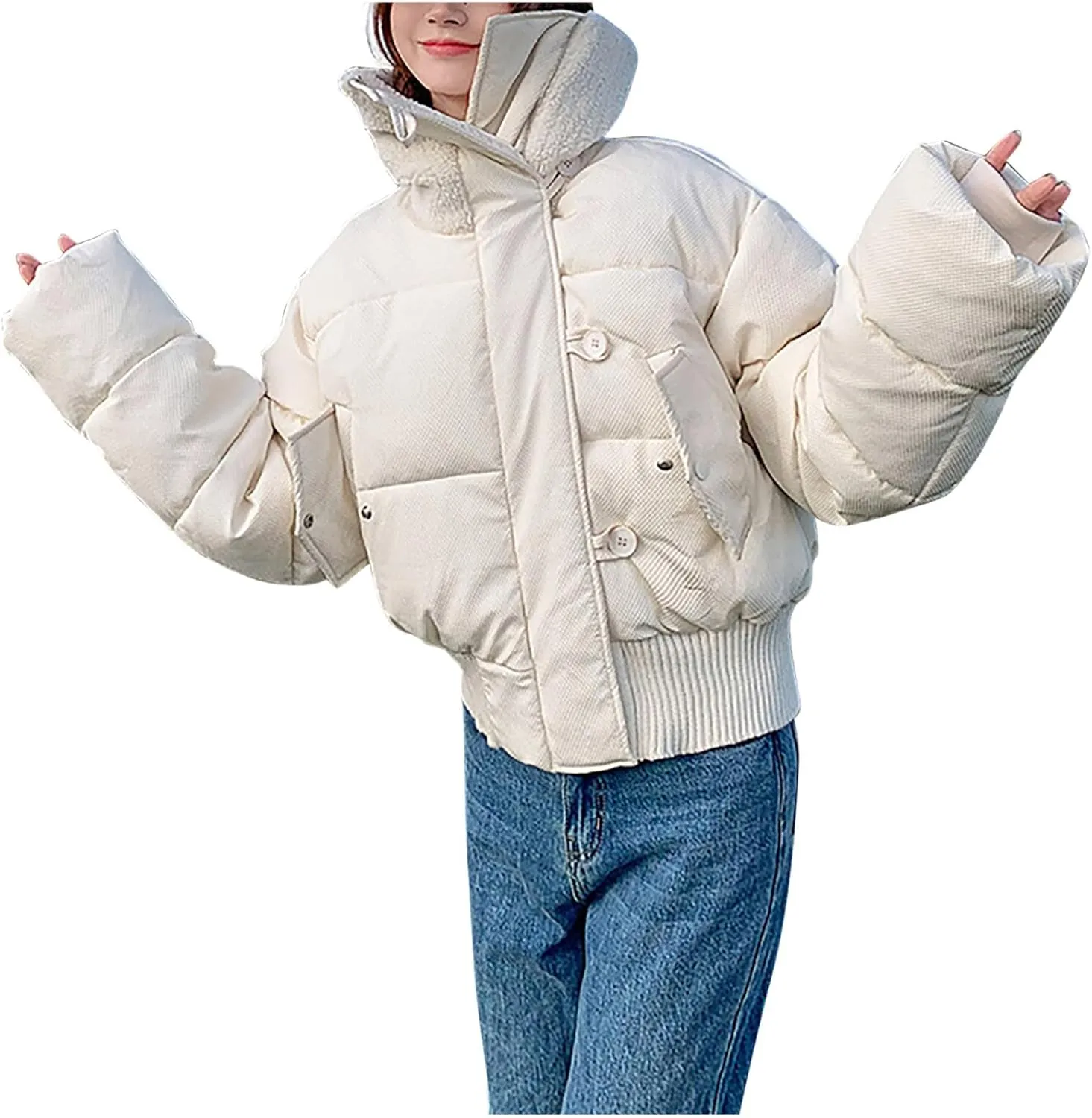 HGps8w Women's Stand Collar Quilted Puffer Jacket - Oversized Casual Puffy Padded Down Coat Insulated Outerwear with Pockets