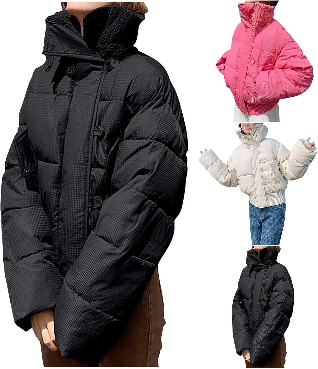 HGps8w Women's Stand Collar Quilted Puffer Jacket - Oversized Casual Puffy Padded Down Coat Insulated Outerwear with Pockets