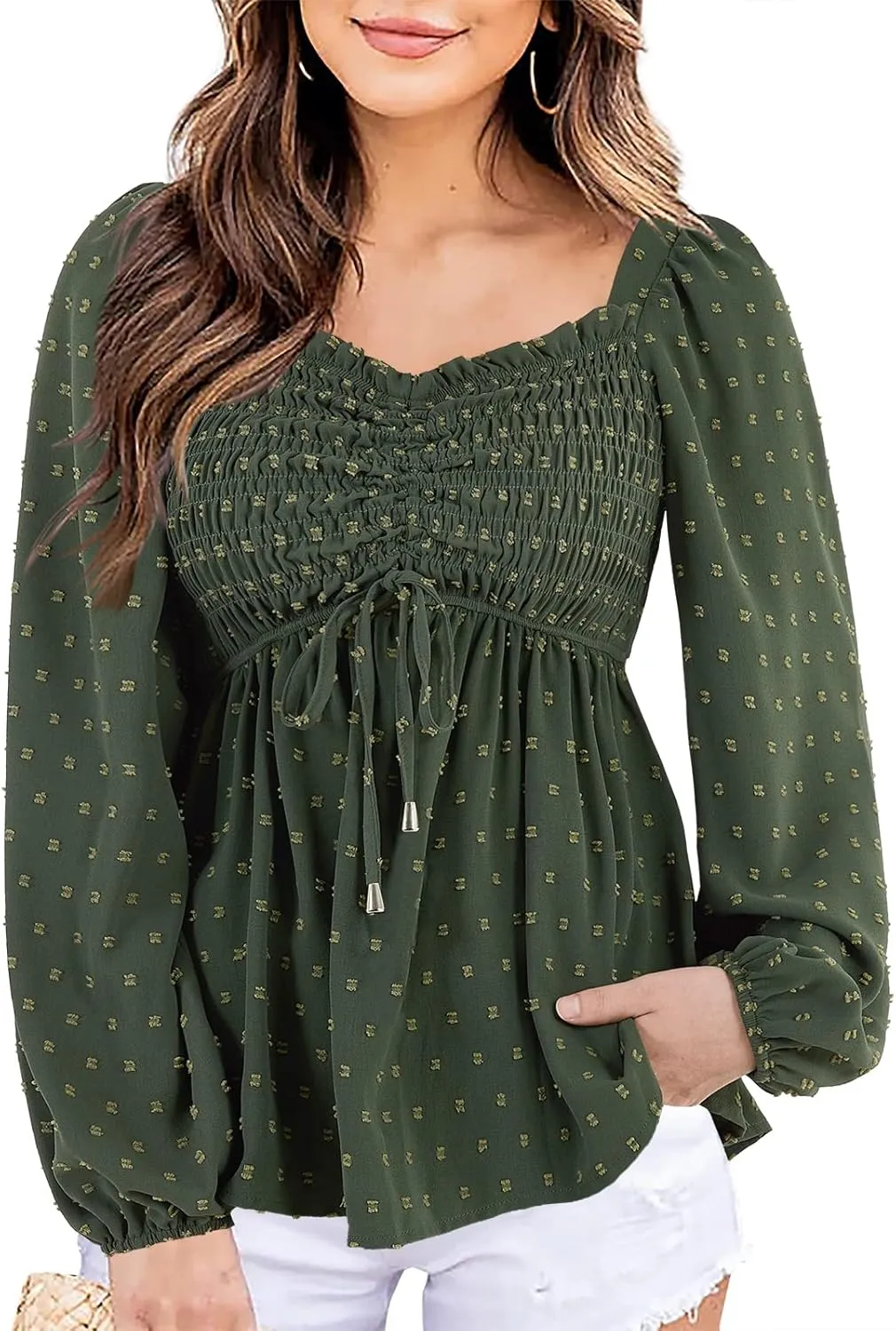 Imysty Womens V Neck Smocked Peplum Tops