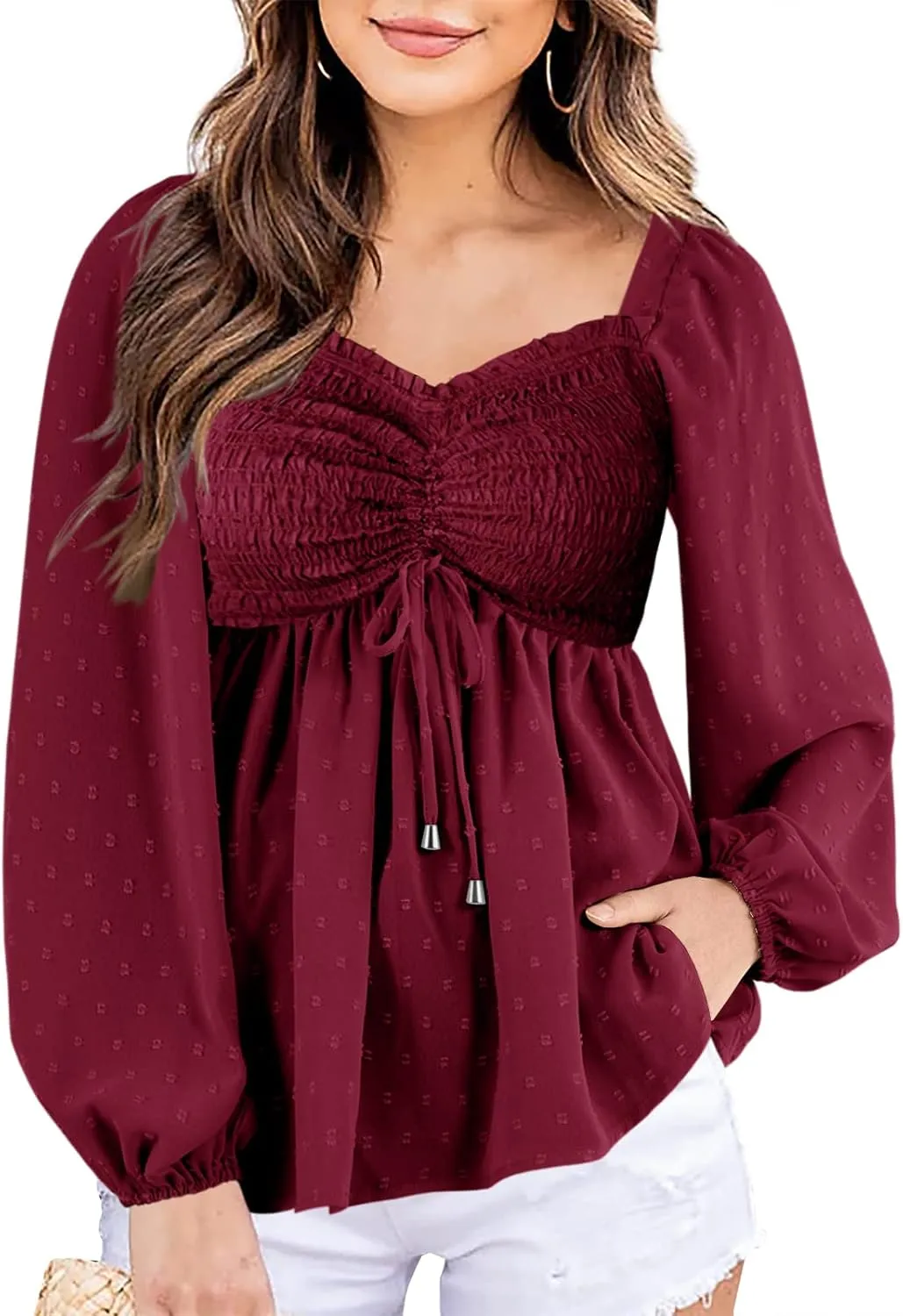 Imysty Womens V Neck Smocked Peplum Tops