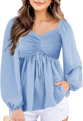 Imysty Womens V Neck Smocked Peplum Tops