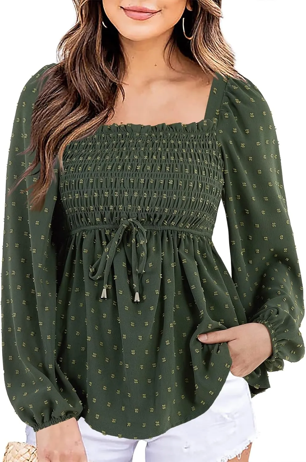 Imysty Womens V Neck Smocked Peplum Tops
