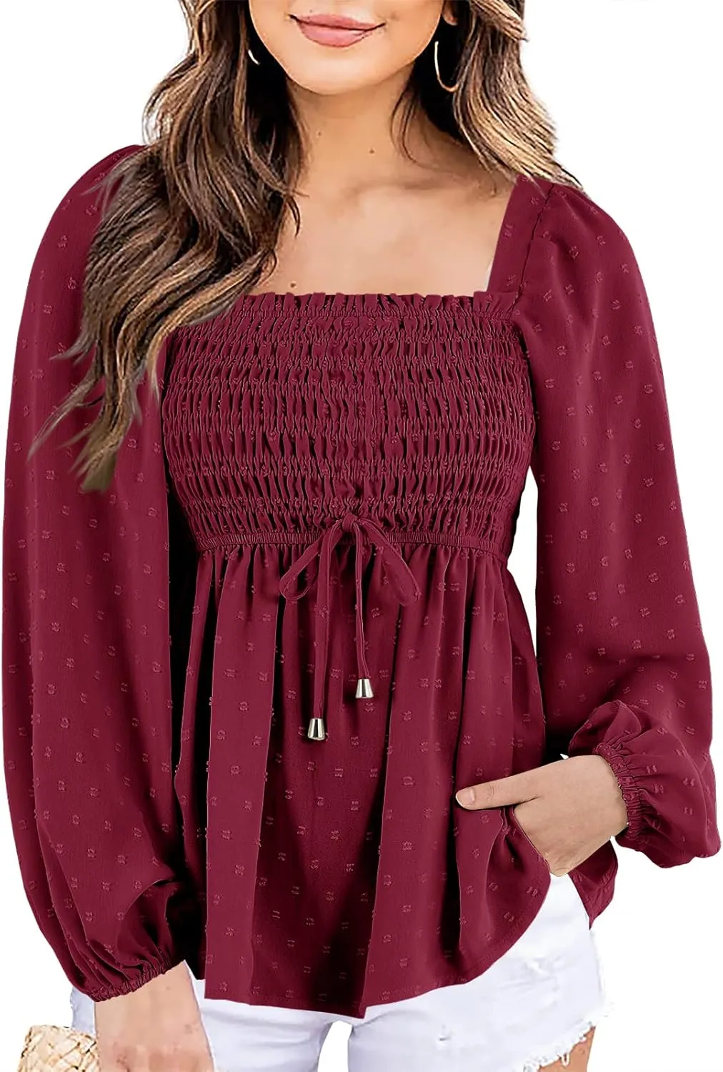 Imysty Womens V Neck Smocked Peplum Tops