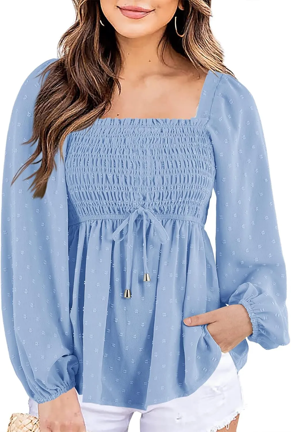 Imysty Womens V Neck Smocked Peplum Tops