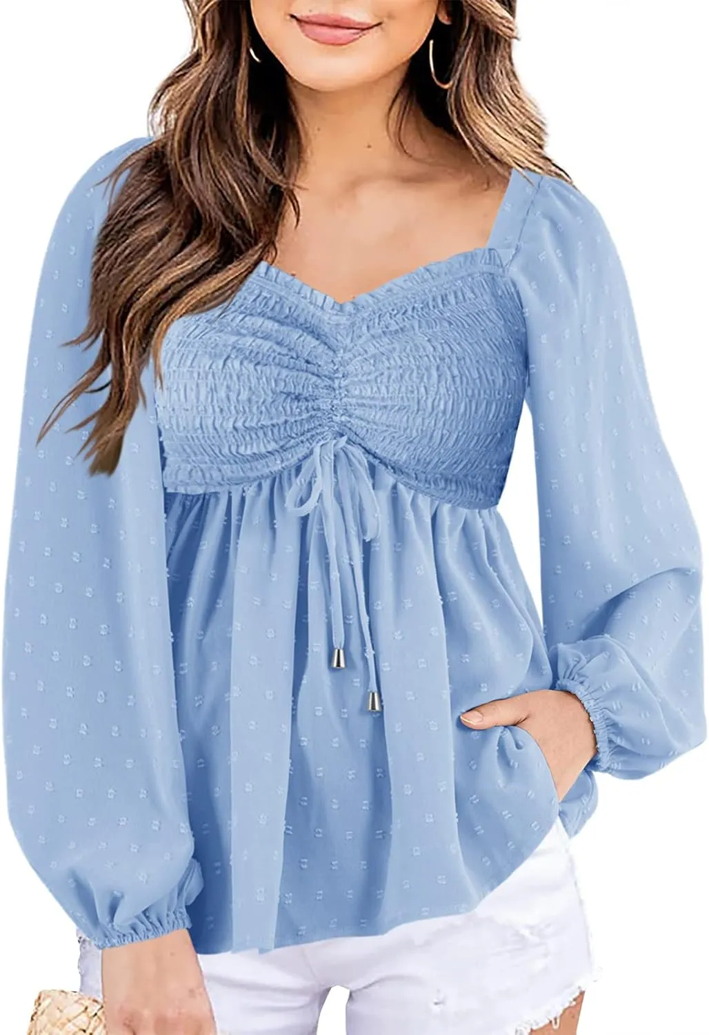 Imysty Womens V Neck Smocked Peplum Tops