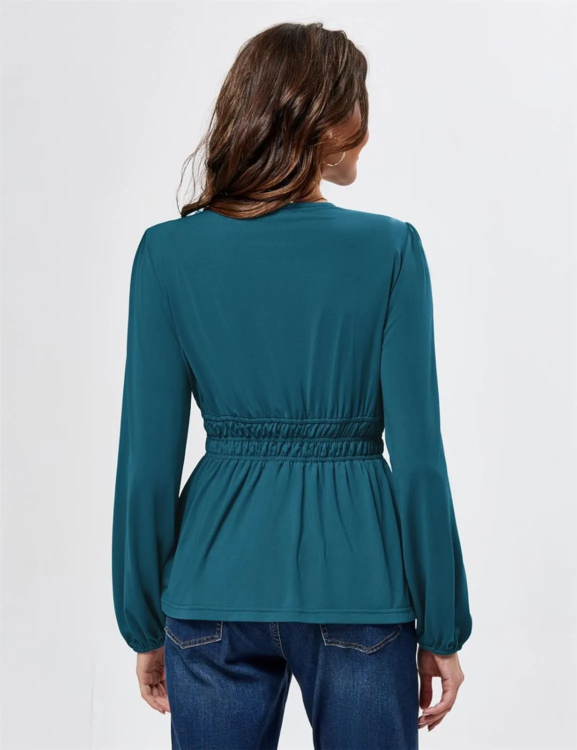 JASAMBAC Women's Elegant V Neck Peplum Tops Shirred Elastic Waist Long Sleeve Shirts Wrap Casual Business Work Blouses