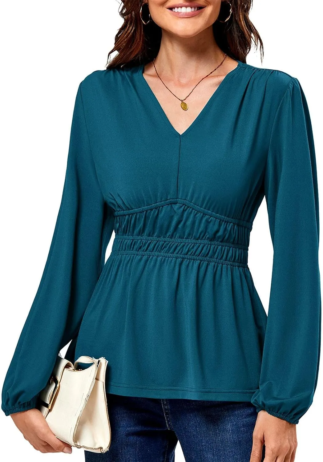 JASAMBAC Women's Elegant V Neck Peplum Tops Shirred Elastic Waist Long Sleeve Shirts Wrap Casual Business Work Blouses