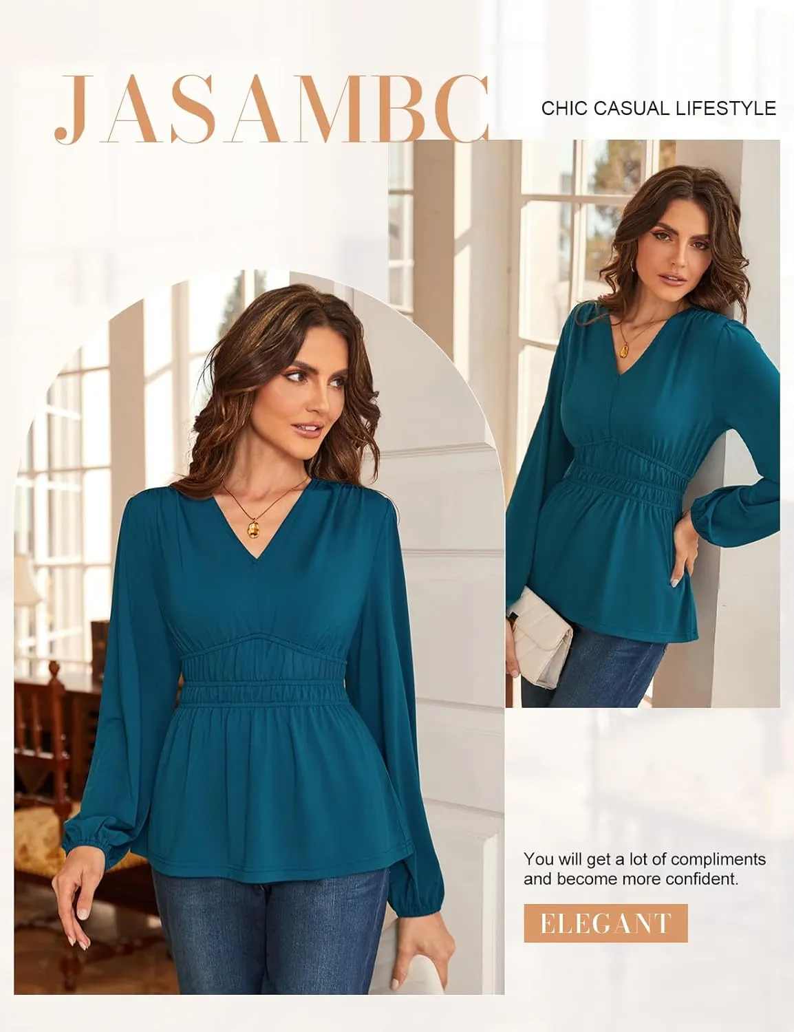 JASAMBAC Women's Elegant V Neck Peplum Tops Shirred Elastic Waist Long Sleeve Shirts Wrap Casual Business Work Blouses