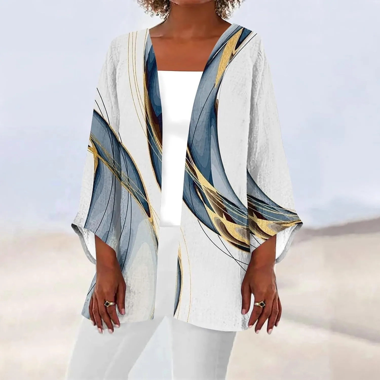 Kimonos for Women Long Sleeve Cardigan Retro Print Casual Duster Blouse Tops Plus Size Lightweight Shrugs Batwing Jacket