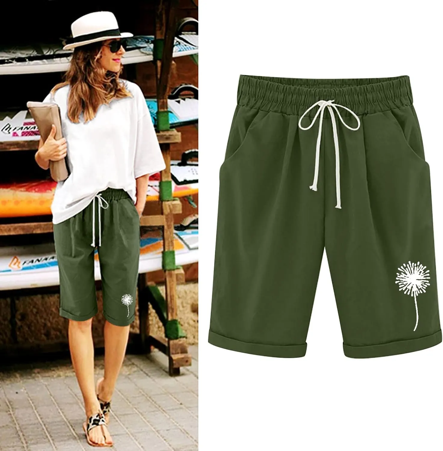 Linen Bermuda Shorts for Women Summer Dandelion Graphic Drawstring High Waisted Knee Length Shorts Casual Roll Up Hem Outfits