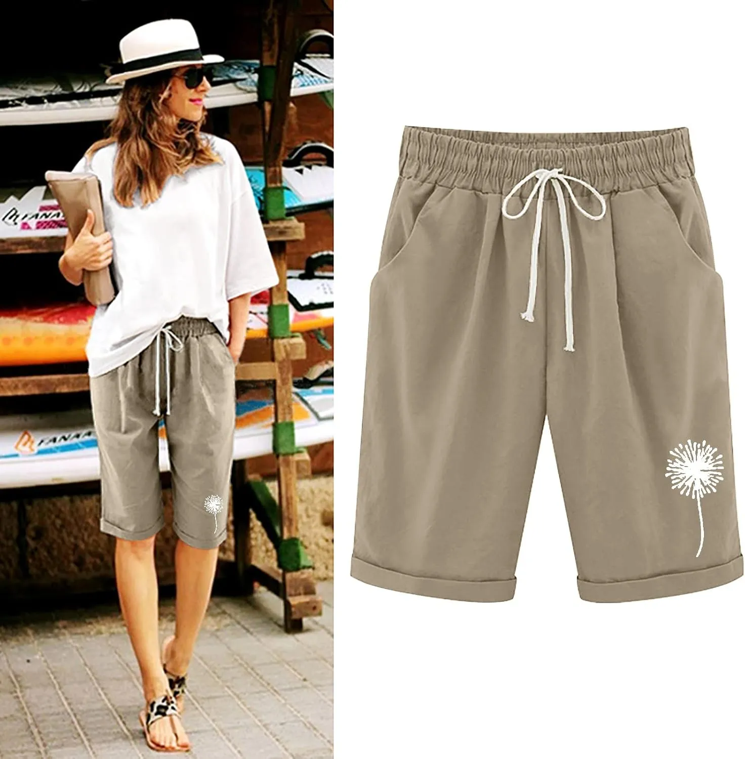 Linen Bermuda Shorts for Women Summer Dandelion Graphic Drawstring High Waisted Knee Length Shorts Casual Roll Up Hem Outfits