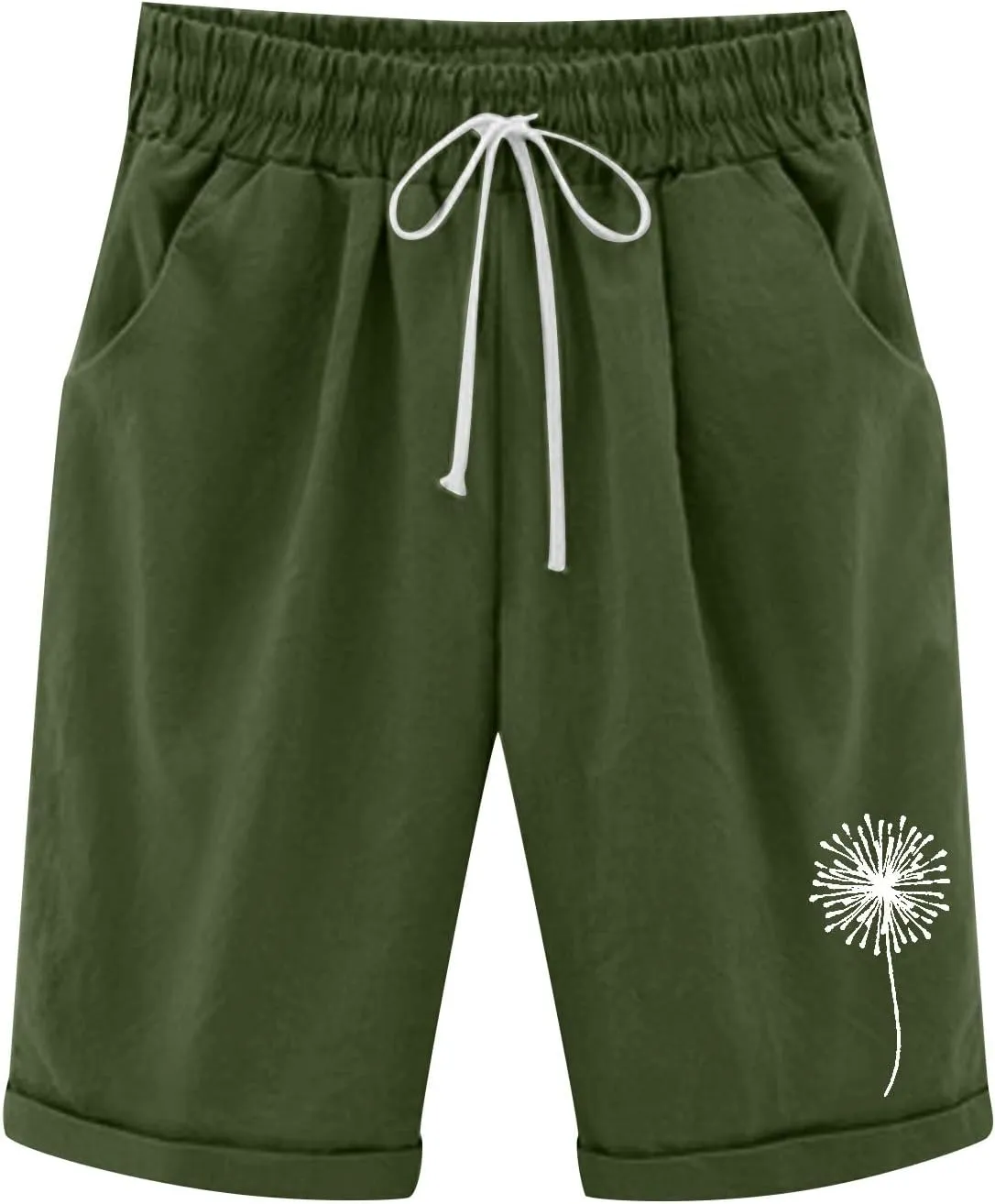 Linen Bermuda Shorts for Women Summer Dandelion Graphic Drawstring High Waisted Knee Length Shorts Casual Roll Up Hem Outfits