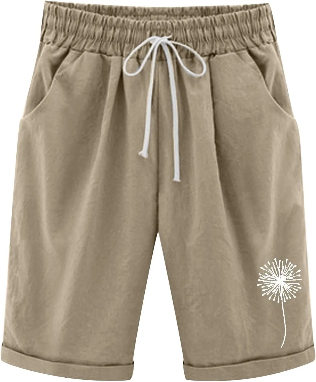Linen Bermuda Shorts for Women Summer Dandelion Graphic Drawstring High Waisted Knee Length Shorts Casual Roll Up Hem Outfits