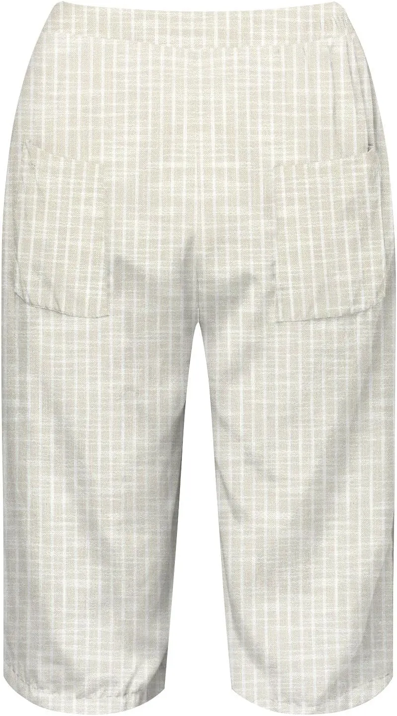 Linen Short for Women Knee Length Casual Striped Bermuda Shorts Summer Elastic Waisted Beach Capri Pant with Pocket