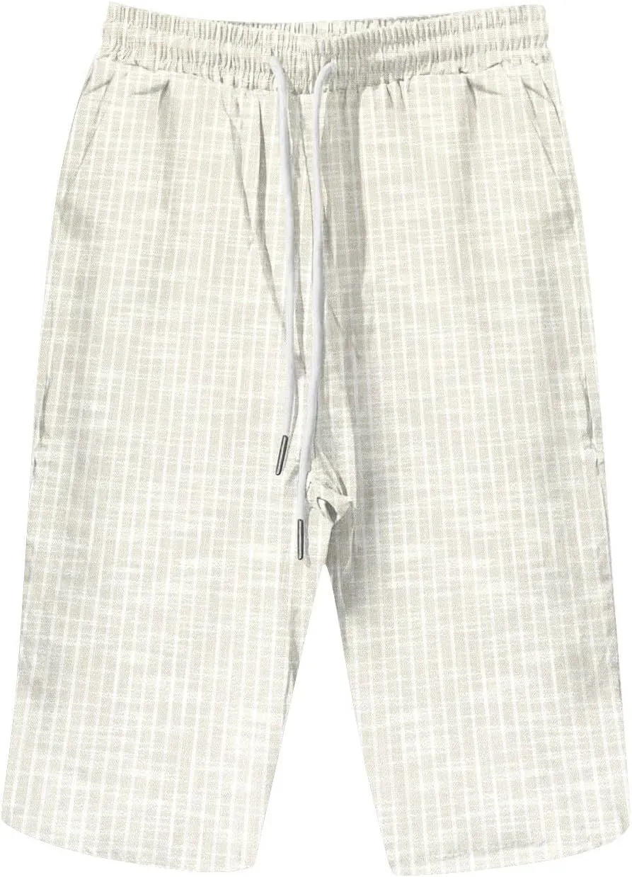 Linen Short for Women Knee Length Casual Striped Bermuda Shorts Summer Elastic Waisted Beach Capri Pant with Pocket