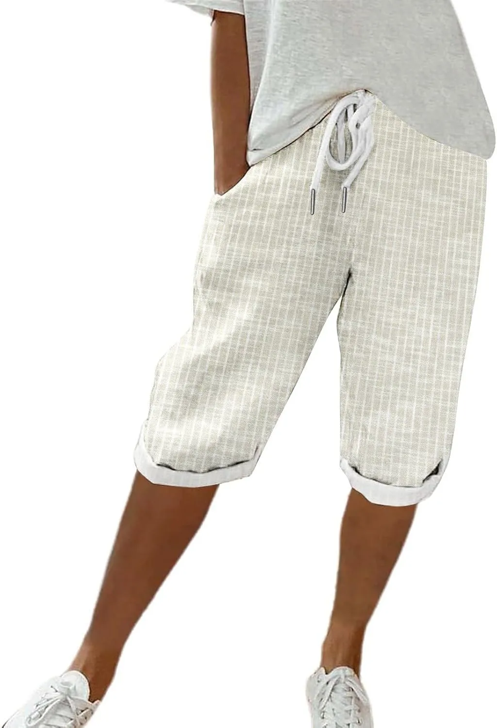Linen Short for Women Knee Length Casual Striped Bermuda Shorts Summer Elastic Waisted Beach Capri Pant with Pocket