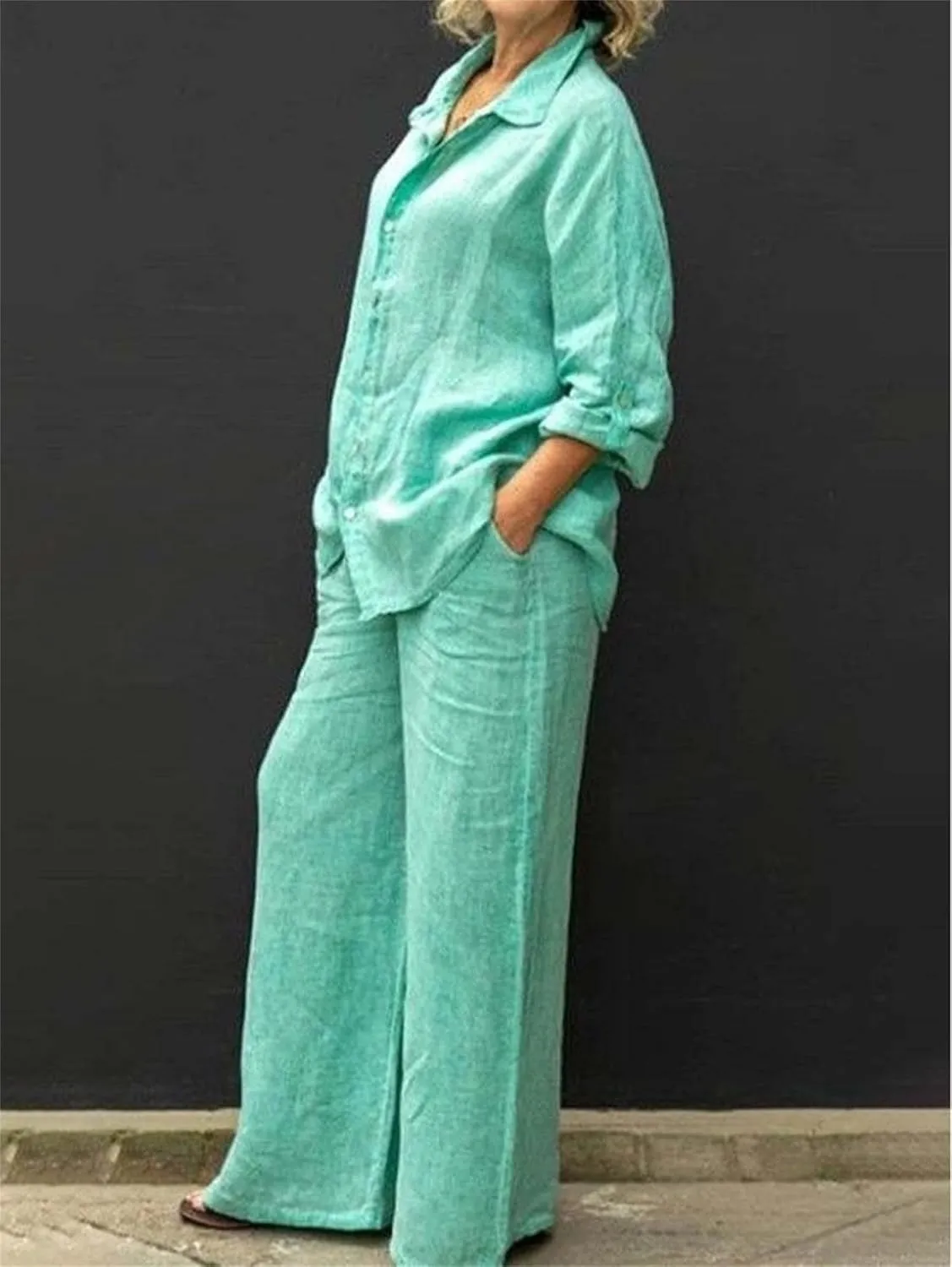 Linen Suits for Women Summer Two Piece Outfits Trouser Long Sleeve V Neck Top 2 Piece Suit Set Casual Trouser Suit