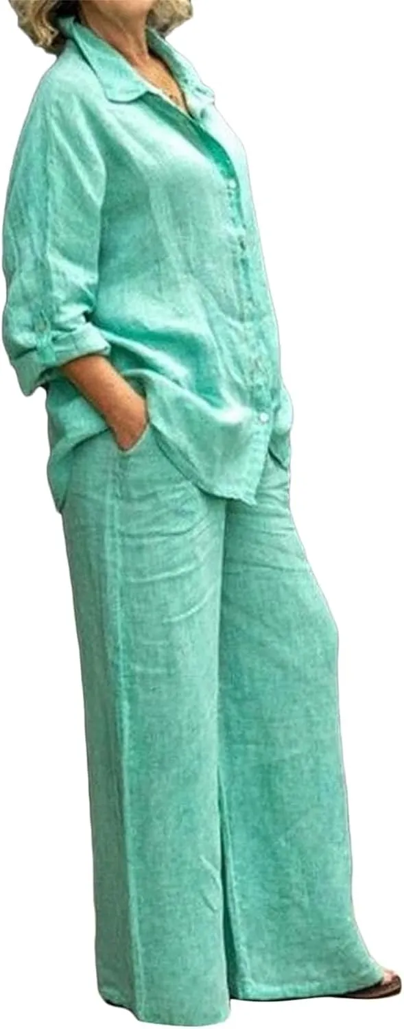 Linen Suits for Women Summer Two Piece Outfits Trouser Long Sleeve V Neck Top 2 Piece Suit Set Casual Trouser Suit