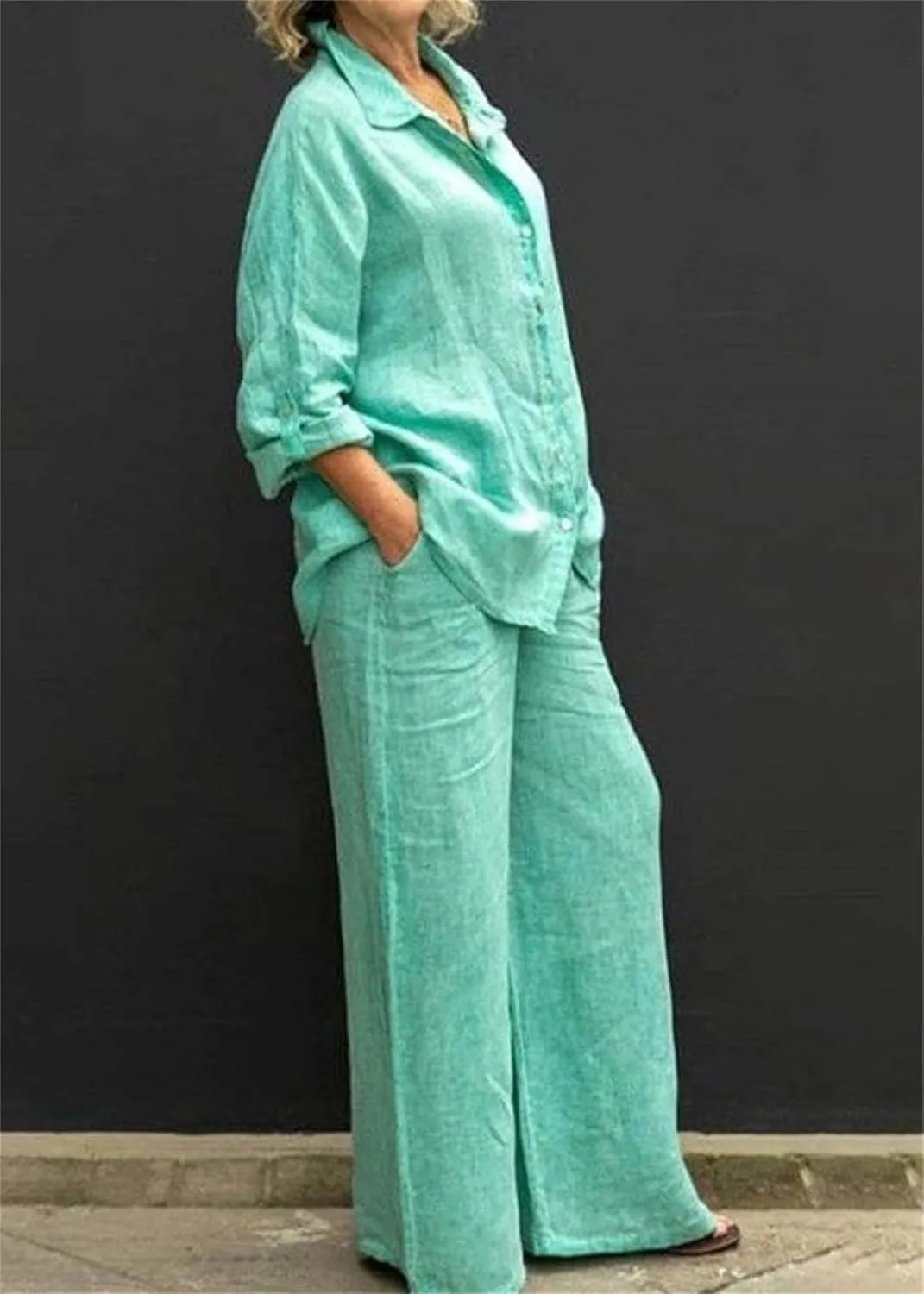 Linen Suits for Women Summer Two Piece Outfits Trouser Long Sleeve V Neck Top 2 Piece Suit Set Casual Trouser Suit