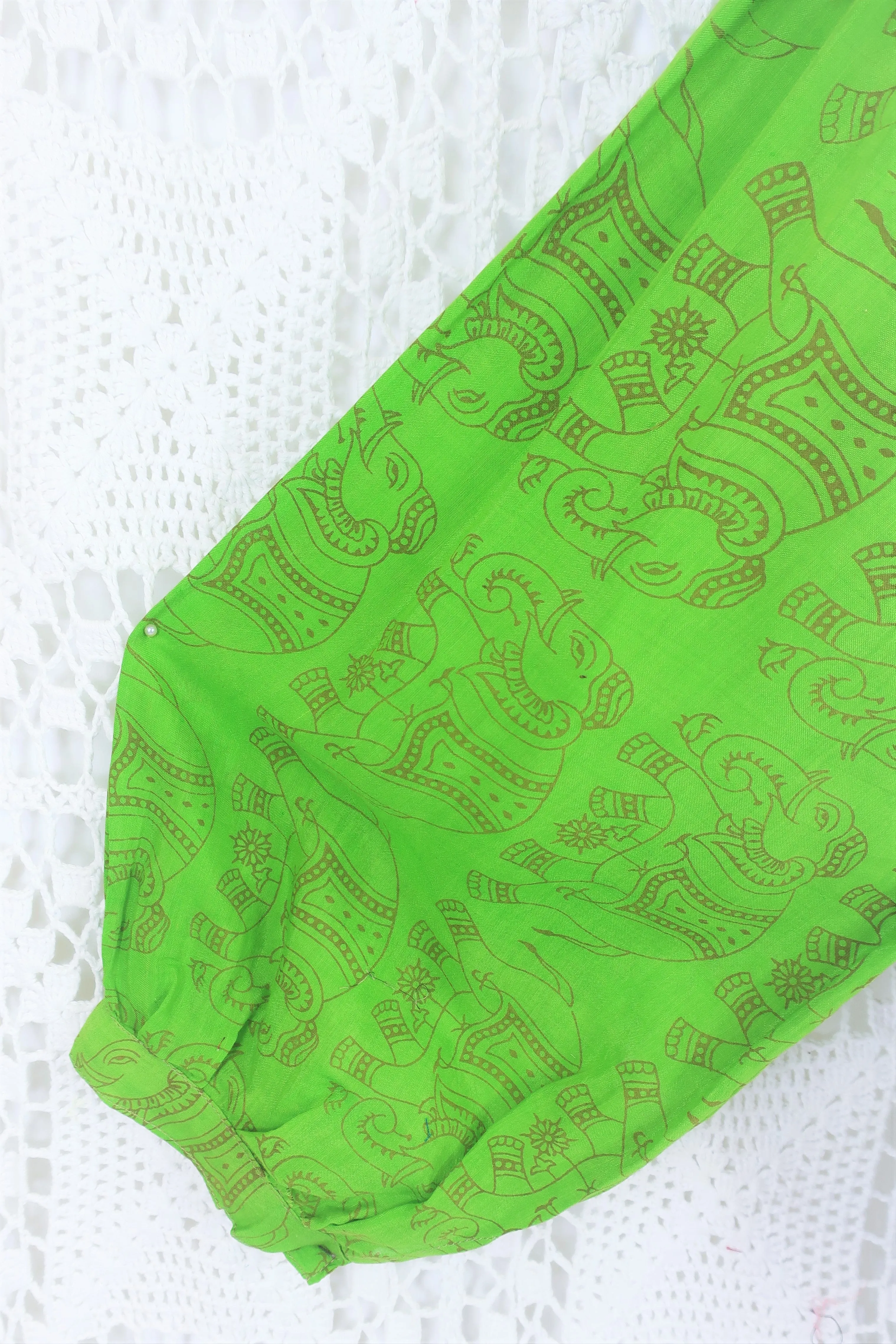 Lola Bohemian Wrap Top - Vintage Indian Cotton - Sweet Green & Chocolate Menagerie  - L