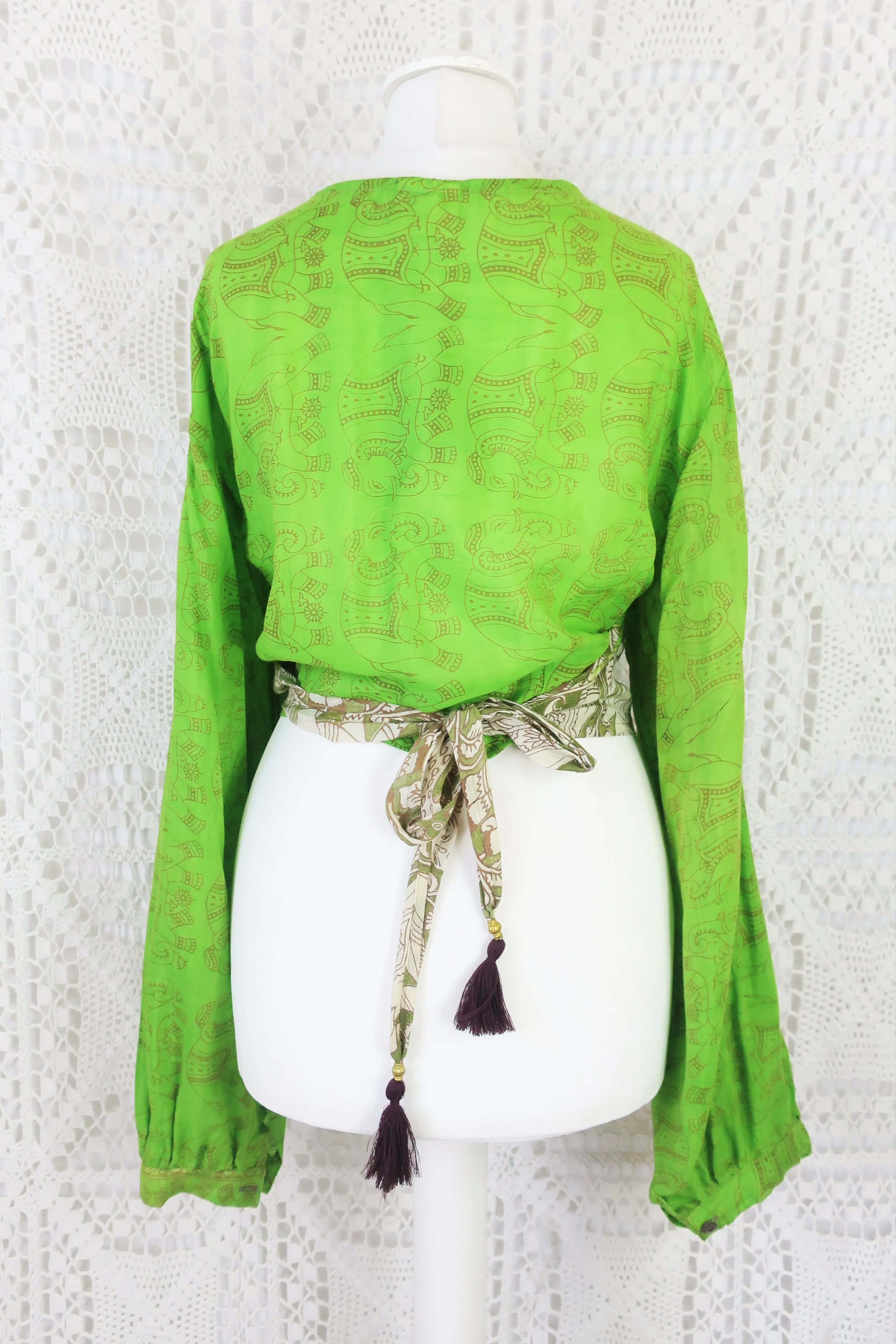 Lola Bohemian Wrap Top - Vintage Indian Cotton - Sweet Green & Chocolate Menagerie  - L