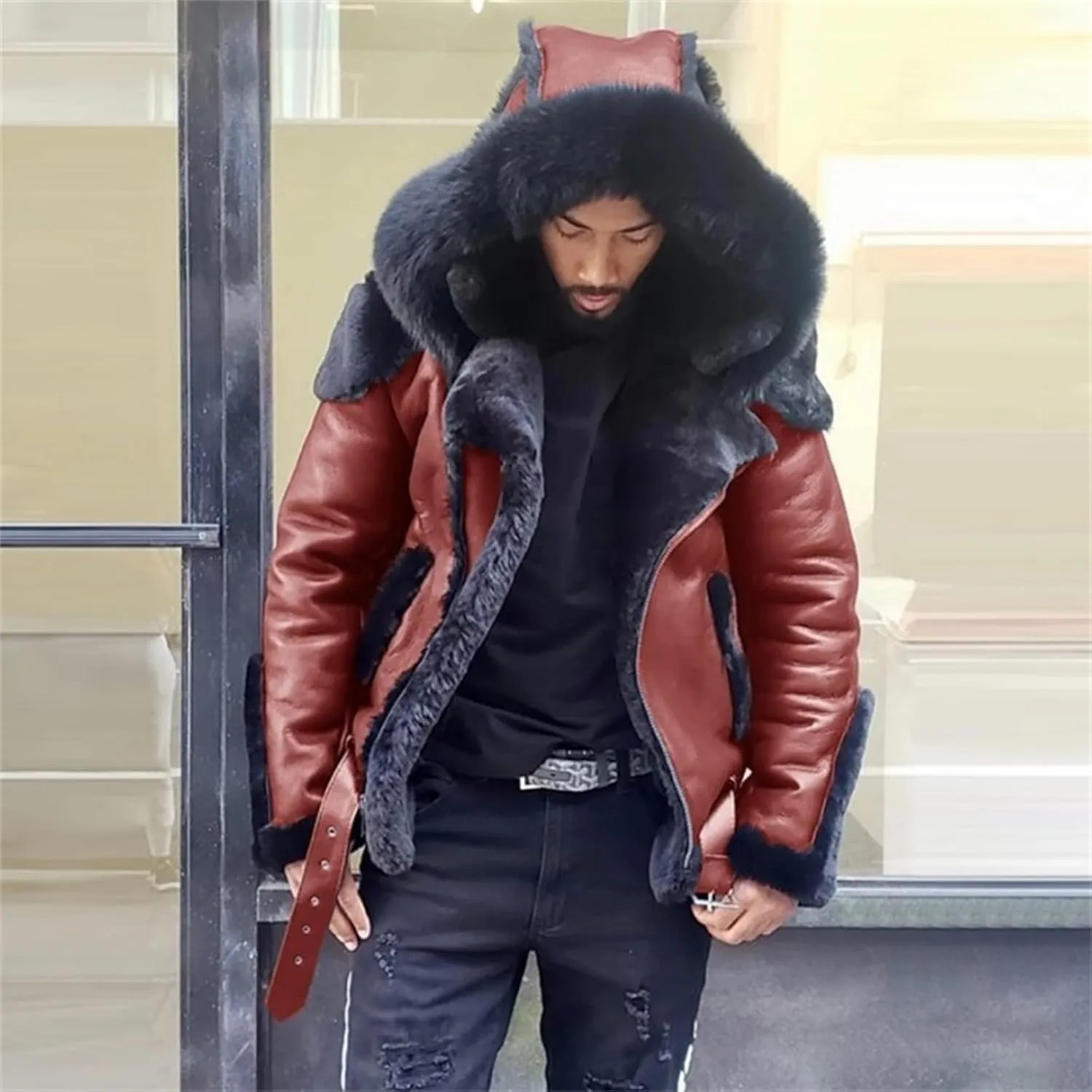 Men's Hooded Windbreak Jackets Sherpa Lined Jacket PU Faux Leather Zip-Up Motorcycle Bomber Jacket Warm Thick Coats