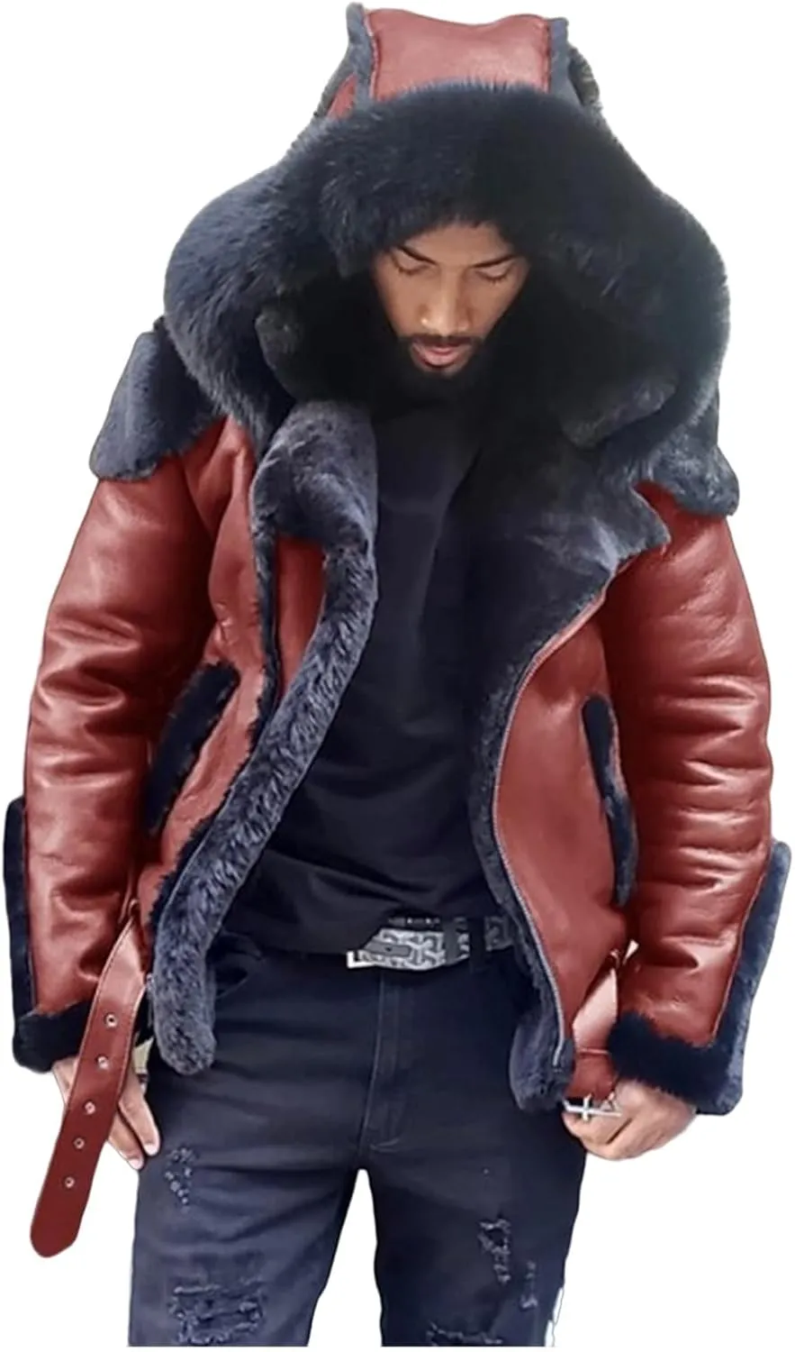 Men's Hooded Windbreak Jackets Sherpa Lined Jacket PU Faux Leather Zip-Up Motorcycle Bomber Jacket Warm Thick Coats