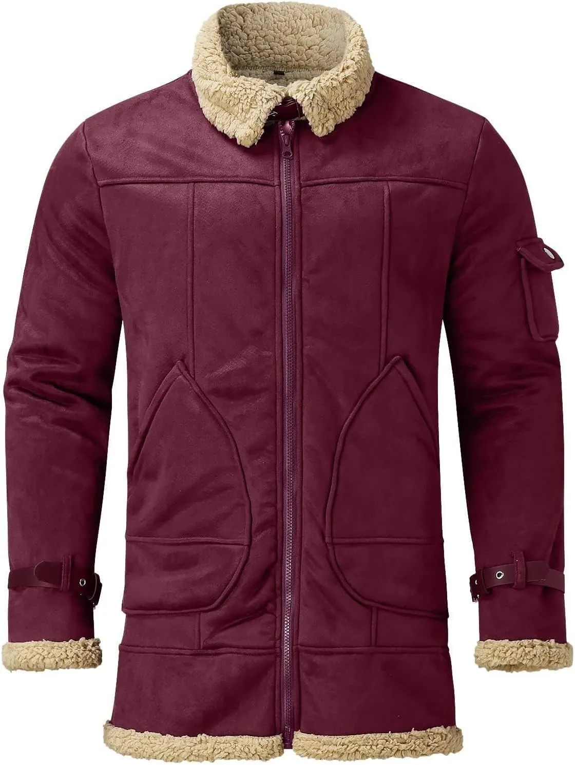 Men's Lamb Wool Bomber Coat Faux Leather Sherpa Fleece Lined Jackets Heavyweight Vintage Suede Faux Fur Trench-Coat