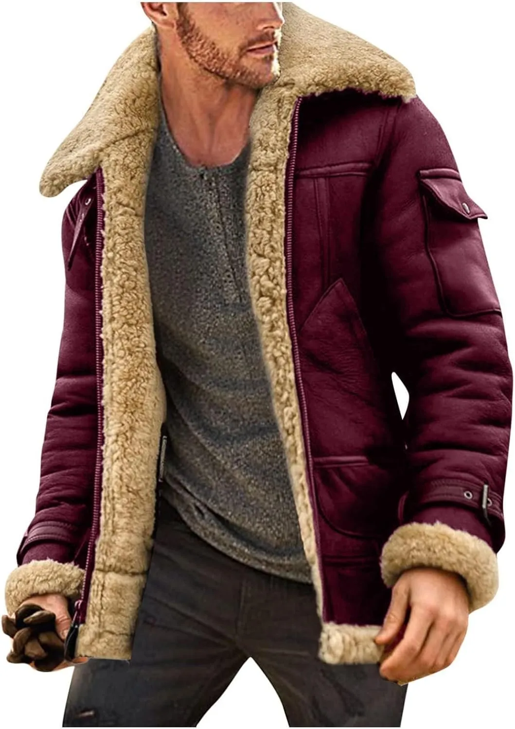 Men's Lamb Wool Bomber Coat Faux Leather Sherpa Fleece Lined Jackets Heavyweight Vintage Suede Faux Fur Trench-Coat