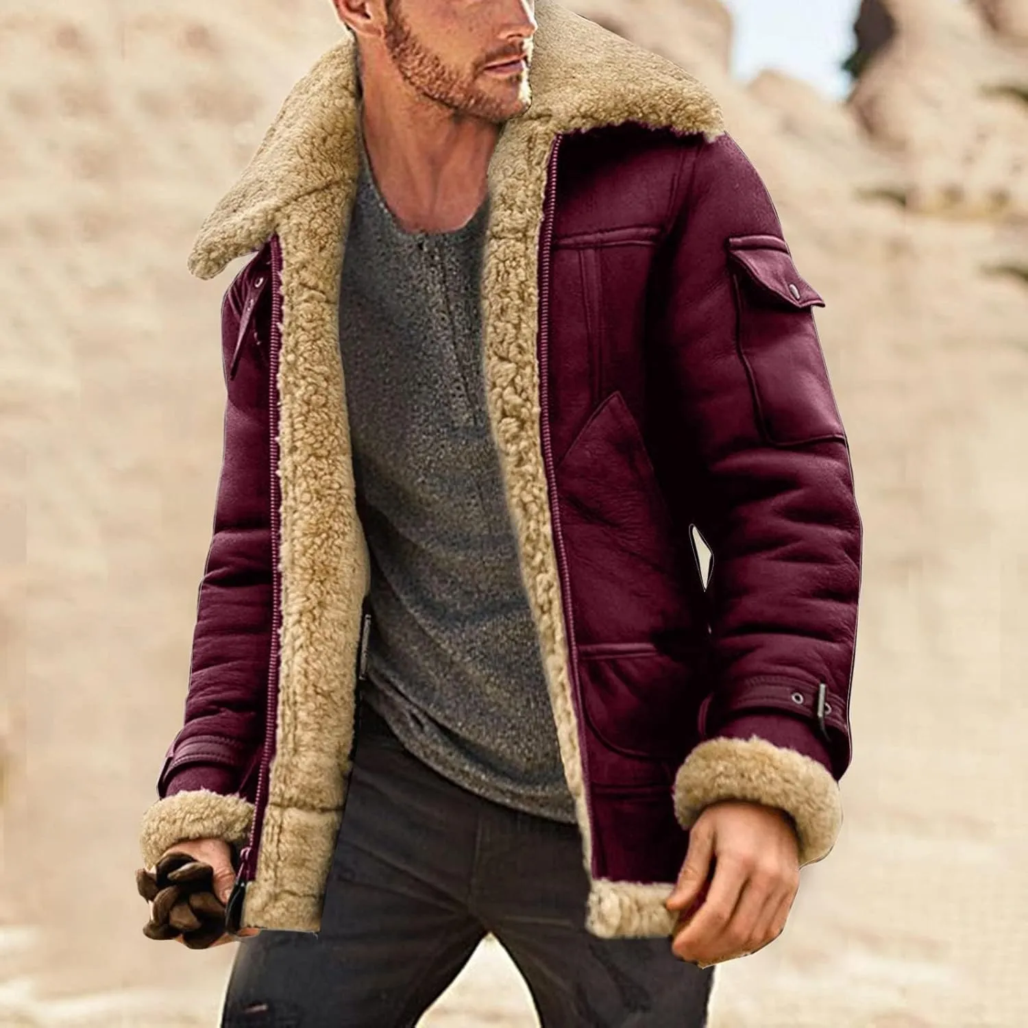 Men's Lamb Wool Bomber Coat Faux Leather Sherpa Fleece Lined Jackets Heavyweight Vintage Suede Faux Fur Trench-Coat
