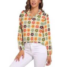Mod Floral Shirt, 60s inspired blouse, mod 60s top, Women's Blouses, Women's Tops, Women's Tops Long Sleeve, Semi Sheer Women's Shirts